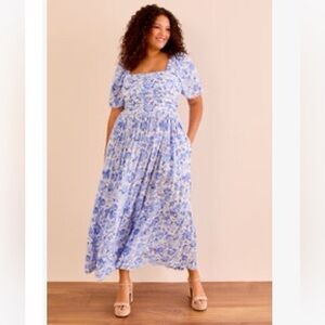 Arula Blue Floral Puff Sleeve Midi Dress | 2X